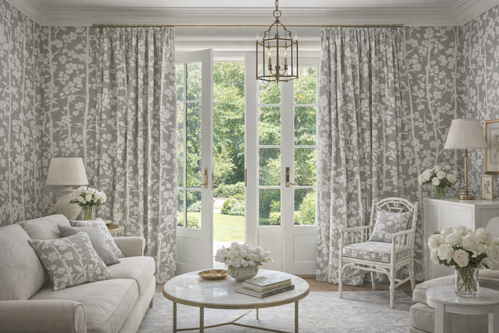 Quadrille Fabric: Enchanted Bamboo One Color - Custom Grey on White 100% Linen