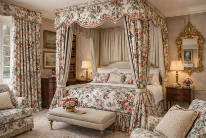 Quadrille Fabric: Hampton Peony - Multi color on Ecru 100% Cotton Glazed Chintz