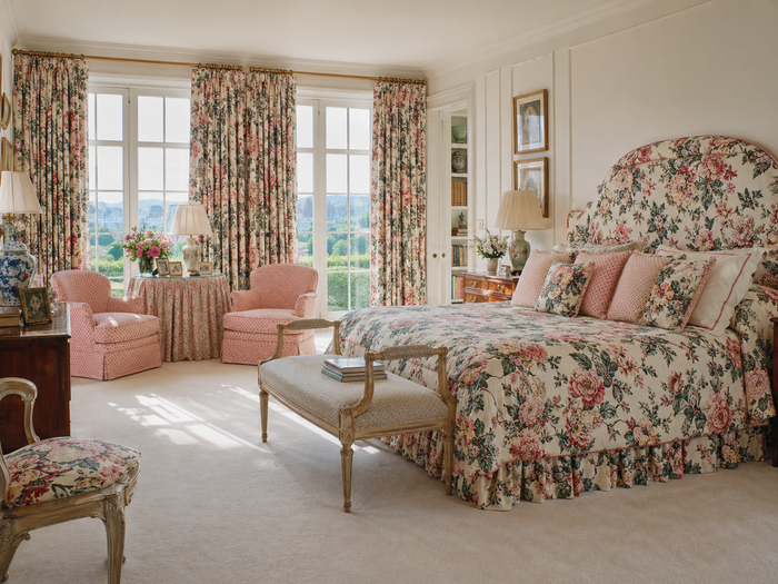 Quadrille Fabric: Hampton Peony - Multi color on Ecru 100% Cotton Glazed Chintz