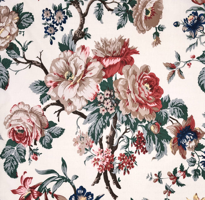 Quadrille Fabric: Hampton Peony - Multi color on Ecru 100% Cotton Glazed Chintz