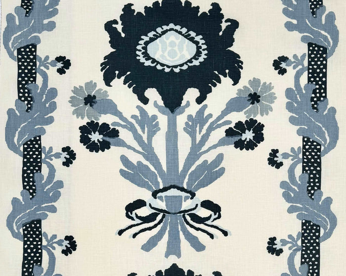 Quadrille Fabric: Henriot Floral - Custom Multi Gray on White Belgian Linen / Cotton