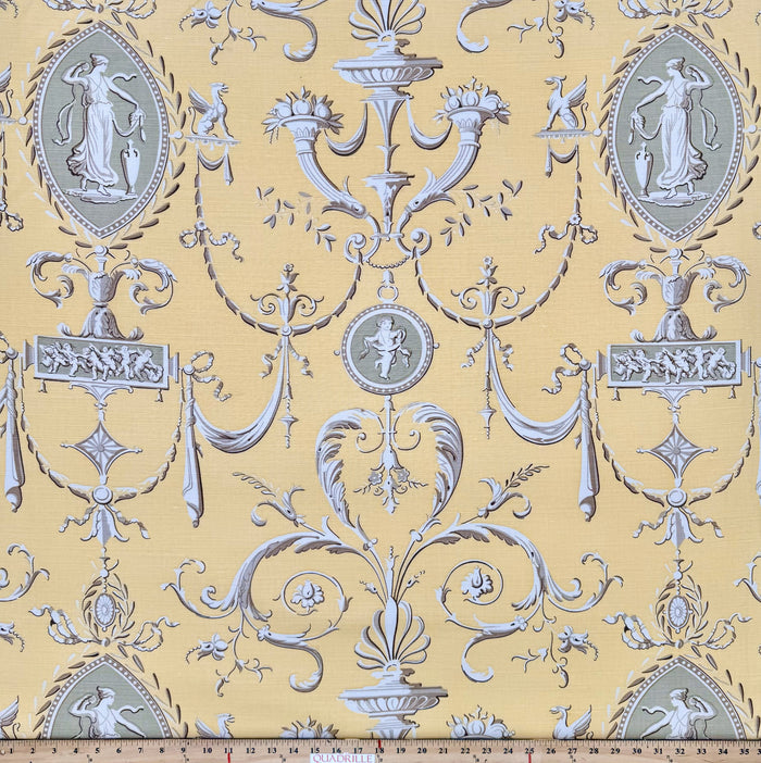 Quadrille Fabric: Kedleston -Old Gold on White Linen / Cotton