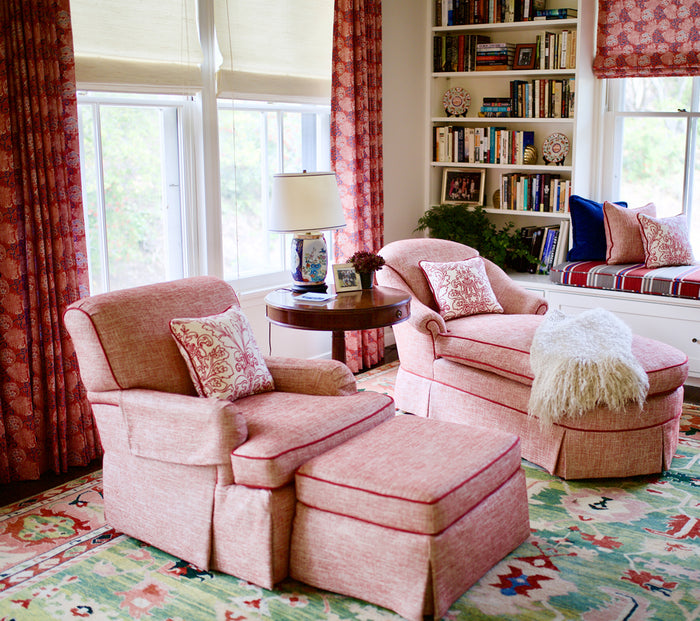 Quadrille Fabric: Monty Outline - Custom Red on Optic White Belgian Linen / Cotton