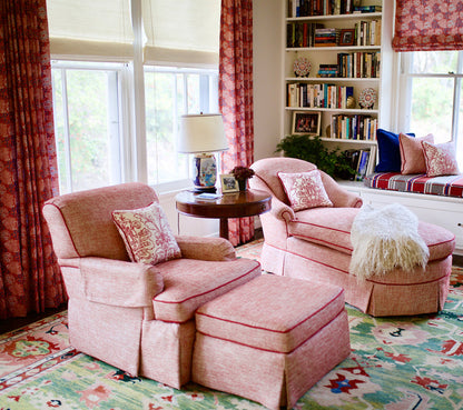Quadrille Fabric: Monty Outline - Custom Red on Optic White Belgian Linen / Cotton