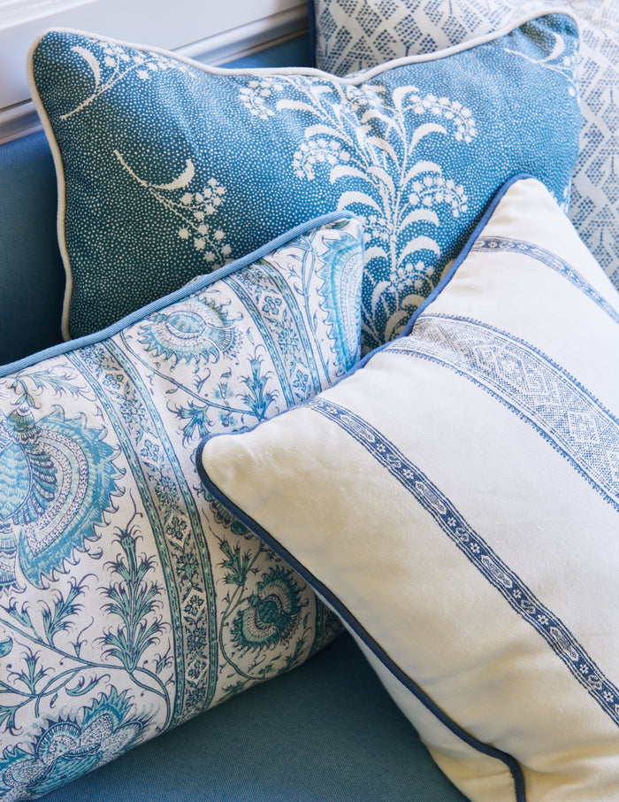 Quadrille Fabric: Palampore Stripe - Custom Multi Blues on White 100% Linen
