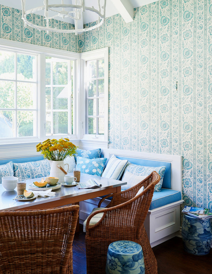 Quadrille Fabric: Palampore Stripe - Custom Multi Blues on White 100% Linen