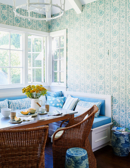 Quadrille Fabric: Palampore Stripe - Custom Multi Blues on White 100% Linen