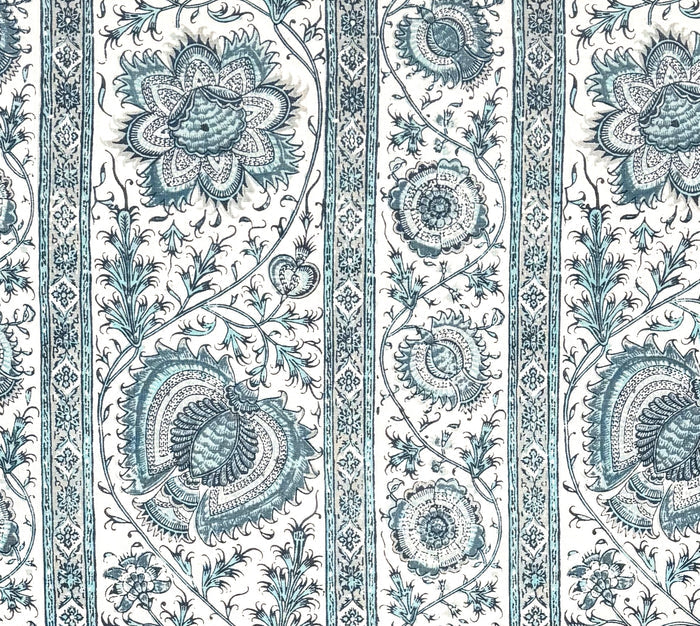 Quadrille Fabric: Palampore Stripe - Custom Multi Blues on White 100% Linen