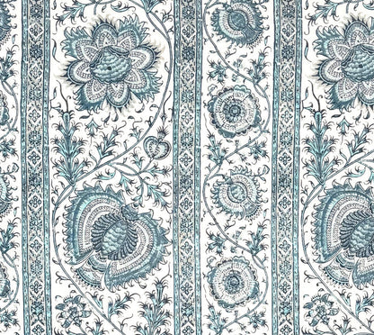 Quadrille Fabric: Palampore Stripe - Custom Multi Blues on White 100% Linen