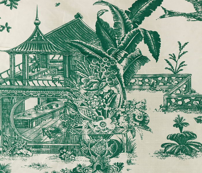 Quadrille Fabric: Paradise Engraving - Custom Dark Green on Cream Silk Taffeta