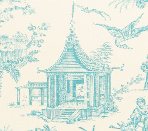 Quadrille Fabric: Paradise Engraving - Custom Turquoise on Tinted Belgian Linen / Cotton