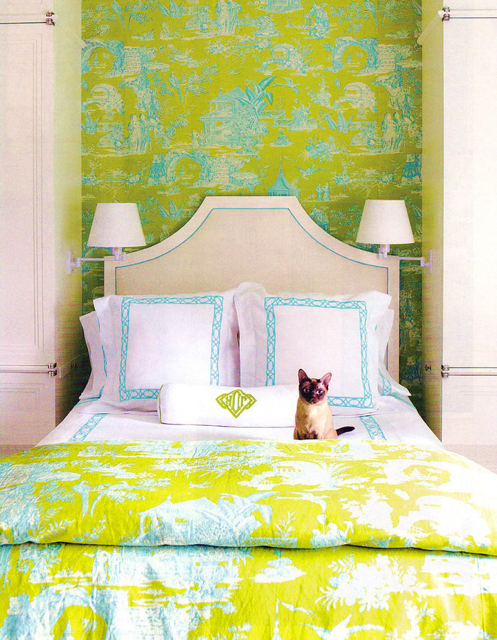Quadrille Fabric: Paradise Engraving - Custom Turquoise on Tinted Belgian Linen / Cotton