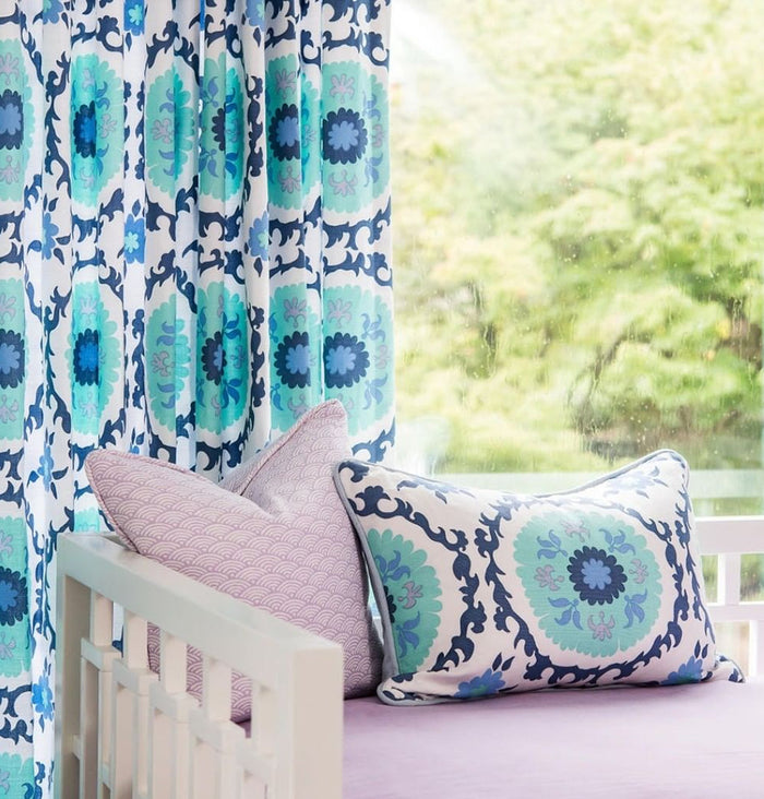 Quadrille Fabric: Suzani - Custom Multi Blues on White Belgian Linen / Cotton