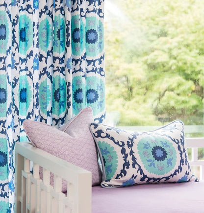 Quadrille Fabric: Suzani - Custom Multi Blues on White Belgian Linen / Cotton