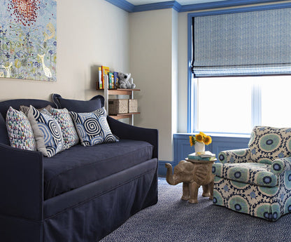 Quadrille Fabric: Suzani - Custom Multi Blues on White Belgian Linen / Cotton