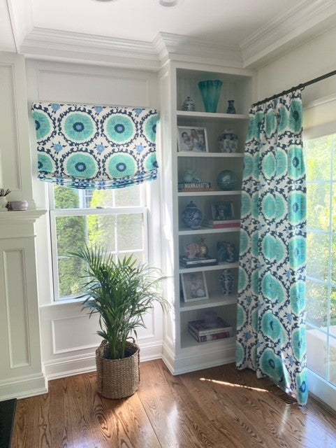 Quadrille Fabric: Suzani - Custom Multi Blues on White Belgian Linen / Cotton