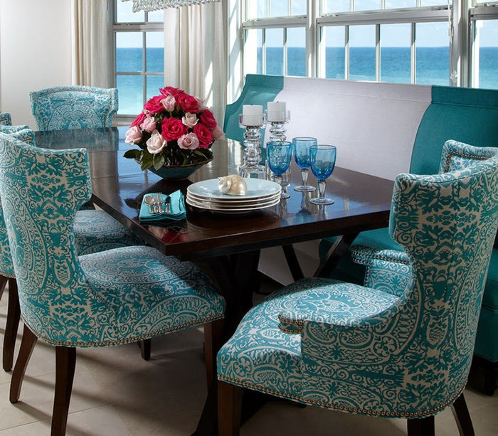 Quadrille Fabric: Veneto - Custom Dark Turquoise on Tinted Belgian Linen / Cotton