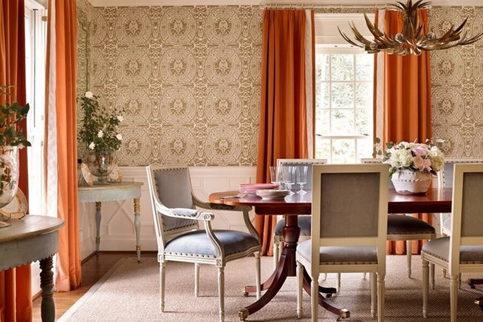 Quadrille Wallpaper: Veneto - Custom Windsor Blue on Almost on White Paper (FIVE YARD MINIMUM)