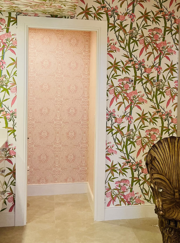 Quadrille Wallpaper: Veneto - Custom Windsor Blue on Almost on White Paper (FIVE YARD MINIMUM)