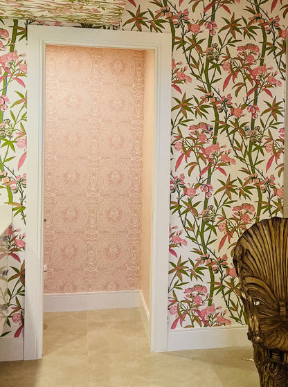 Quadrille Wallpaper: Veneto - Custom Windsor Blue on Almost on White Paper (FIVE YARD MINIMUM)