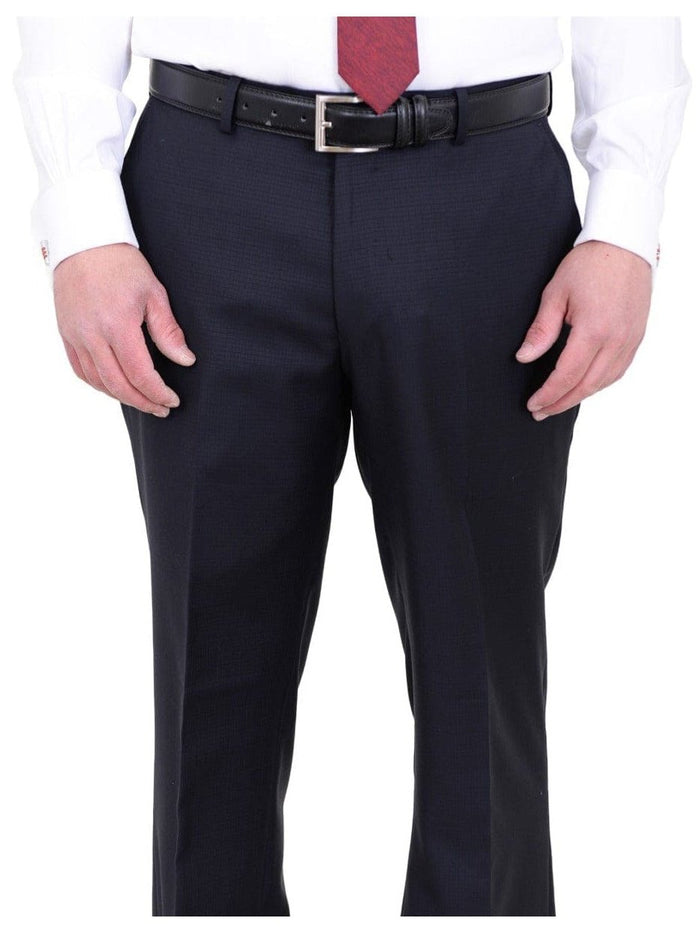 Label E TWO PIECE SUITS The Suit Depot Mens Blue Tonal Mini Check 100% Wool Modern Fit Suit