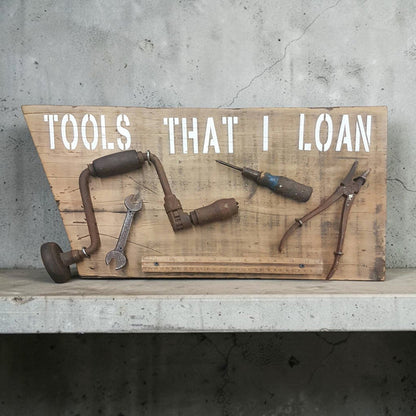 Handmade rustic Tools That I Loan garage sign with five useless tools